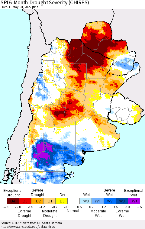 Southern South America SPI 6-Month Drought Severity (CHIRPS) Thematic Map For 12/1/2021 - 5/31/2022