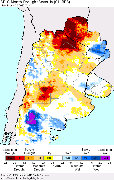 Southern South America SPI 6-Month Drought Severity (CHIRPS) Thematic Map For 1/1/2022 - 6/30/2022