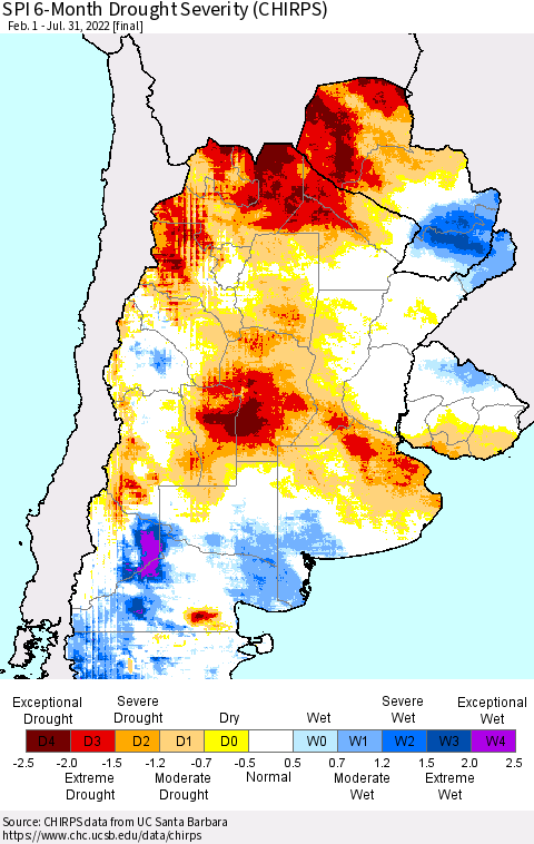 Southern South America SPI 6-Month Drought Severity (CHIRPS) Thematic Map For 2/1/2022 - 7/31/2022