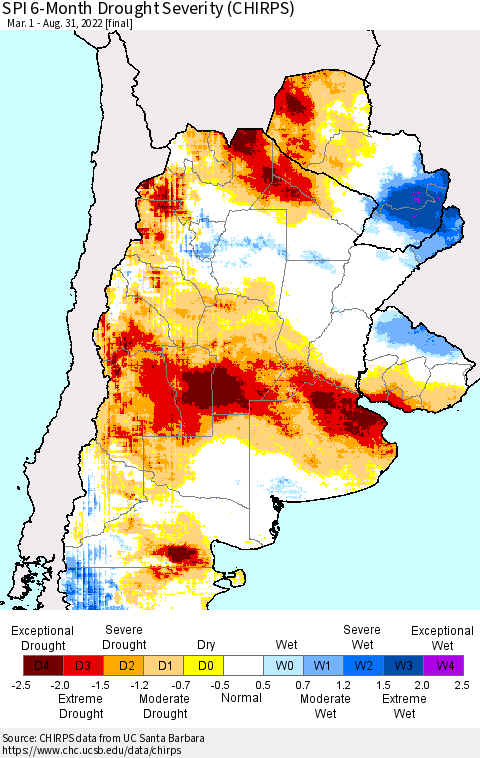 Southern South America SPI 6-Month Drought Severity (CHIRPS) Thematic Map For 3/1/2022 - 8/31/2022