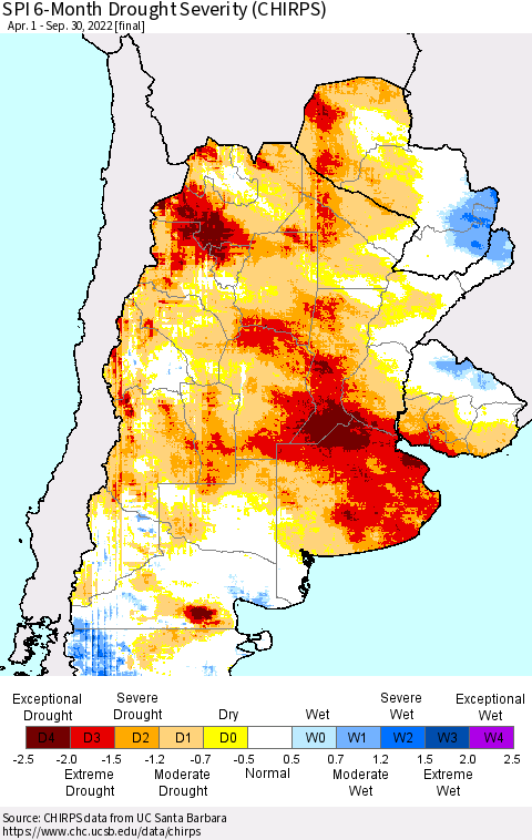Southern South America SPI 6-Month Drought Severity (CHIRPS) Thematic Map For 4/1/2022 - 9/30/2022