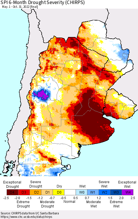 Southern South America SPI 6-Month Drought Severity (CHIRPS) Thematic Map For 5/1/2022 - 10/31/2022