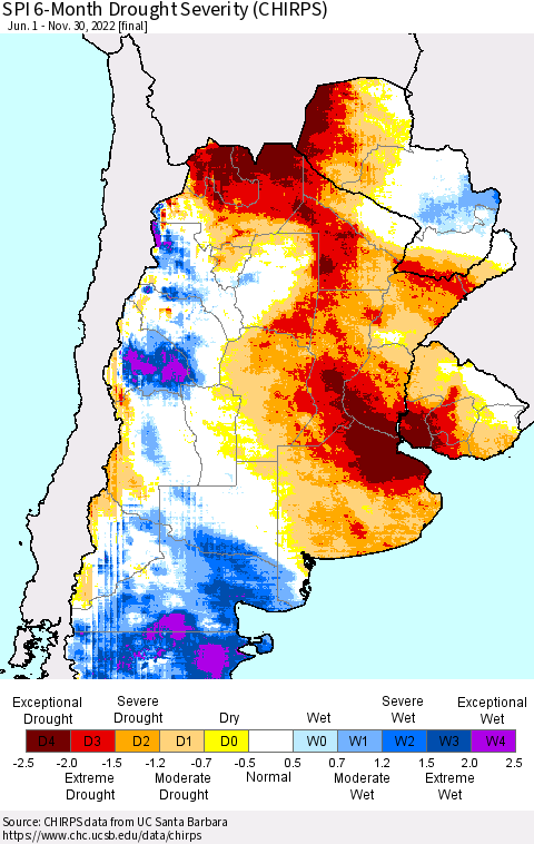 Southern South America SPI 6-Month Drought Severity (CHIRPS) Thematic Map For 6/1/2022 - 11/30/2022
