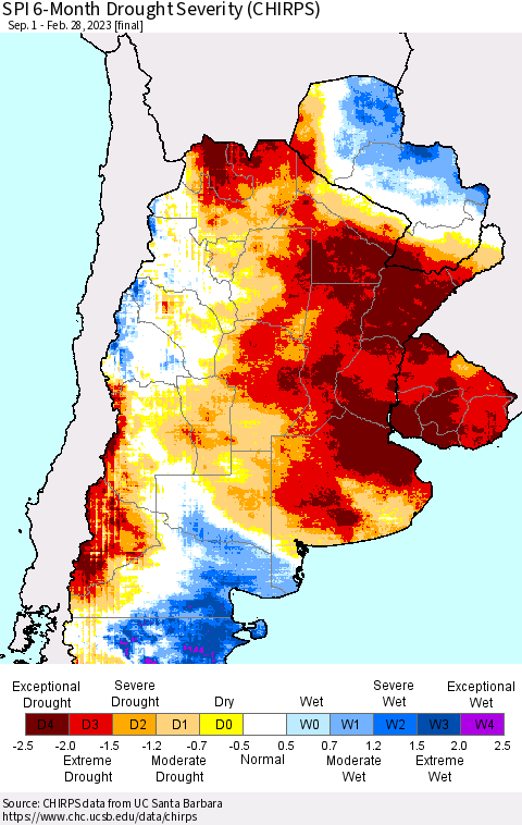 Southern South America SPI 6-Month Drought Severity (CHIRPS) Thematic Map For 9/1/2022 - 2/28/2023