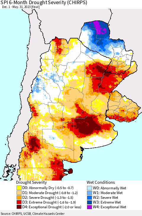 Southern South America SPI 6-Month Drought Severity (CHIRPS) Thematic Map For 12/1/2022 - 5/31/2023