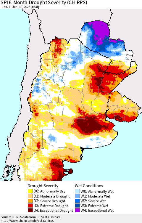 Southern South America SPI 6-Month Drought Severity (CHIRPS) Thematic Map For 1/1/2023 - 6/30/2023