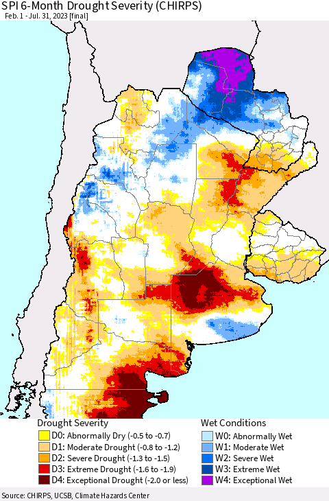 Southern South America SPI 6-Month Drought Severity (CHIRPS) Thematic Map For 2/1/2023 - 7/31/2023