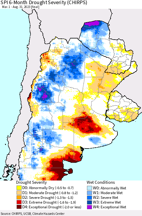 Southern South America SPI 6-Month Drought Severity (CHIRPS) Thematic Map For 3/1/2023 - 8/31/2023