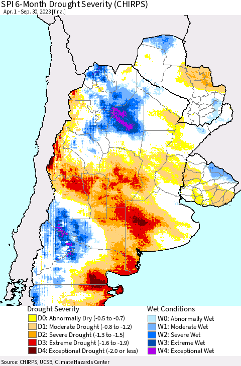 Southern South America SPI 6-Month Drought Severity (CHIRPS) Thematic Map For 4/1/2023 - 9/30/2023