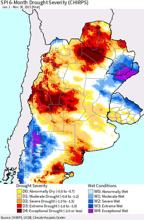 Southern South America SPI 6-Month Drought Severity (CHIRPS) Thematic Map For 6/1/2023 - 11/30/2023