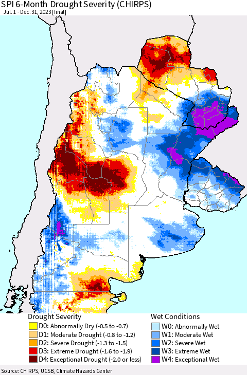 Southern South America SPI 6-Month Drought Severity (CHIRPS) Thematic Map For 7/1/2023 - 12/31/2023