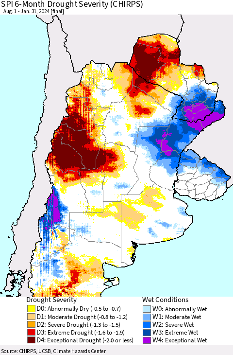 Southern South America SPI 6-Month Drought Severity (CHIRPS) Thematic Map For 8/1/2023 - 1/31/2024