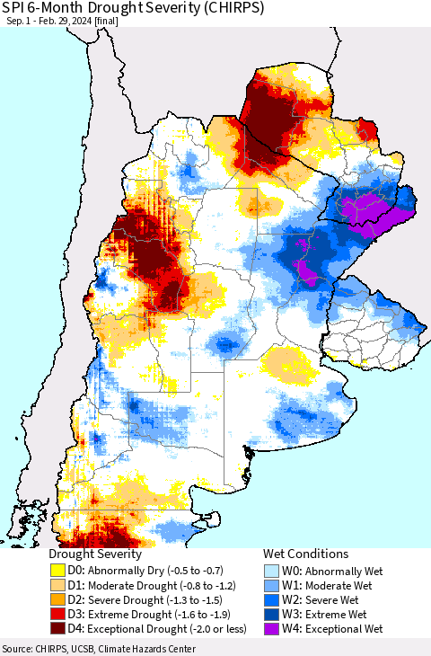 Southern South America SPI 6-Month Drought Severity (CHIRPS) Thematic Map For 9/1/2023 - 2/29/2024