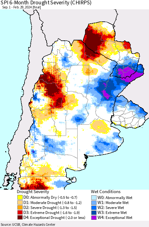 Southern South America SPI 6-Month Drought Severity (CHIRPS) Thematic Map For 9/1/2023 - 2/29/2024