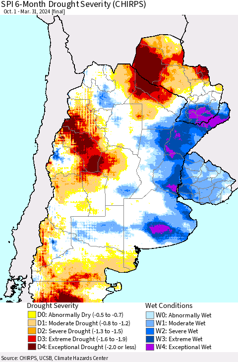 Southern South America SPI 6-Month Drought Severity (CHIRPS) Thematic Map For 10/1/2023 - 3/31/2024