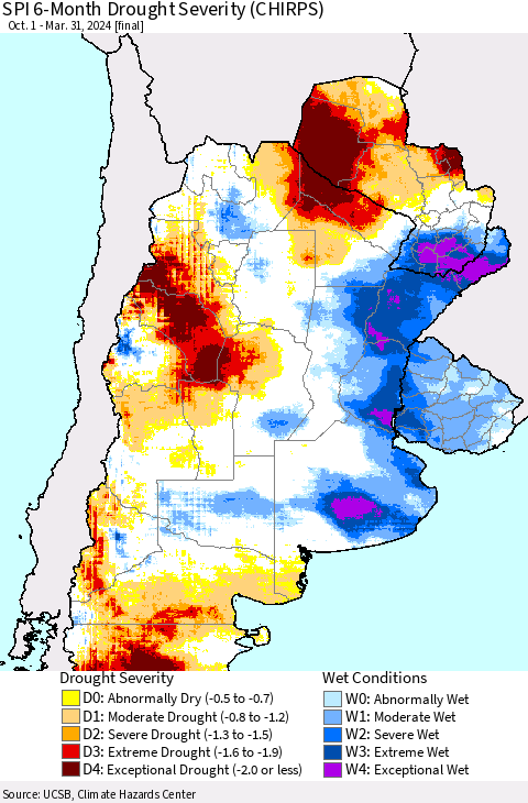 Southern South America SPI 6-Month Drought Severity (CHIRPS) Thematic Map For 10/1/2023 - 3/31/2024