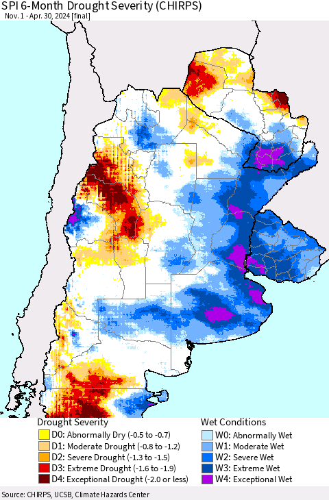 Southern South America SPI 6-Month Drought Severity (CHIRPS) Thematic Map For 11/1/2023 - 4/30/2024