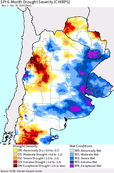 Southern South America SPI 6-Month Drought Severity (CHIRPS) Thematic Map For 11/1/2023 - 4/30/2024