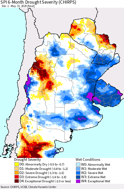Southern South America SPI 6-Month Drought Severity (CHIRPS) Thematic Map For 12/1/2023 - 5/31/2024