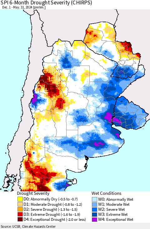 Southern South America SPI 6-Month Drought Severity (CHIRPS) Thematic Map For 12/1/2023 - 5/31/2024