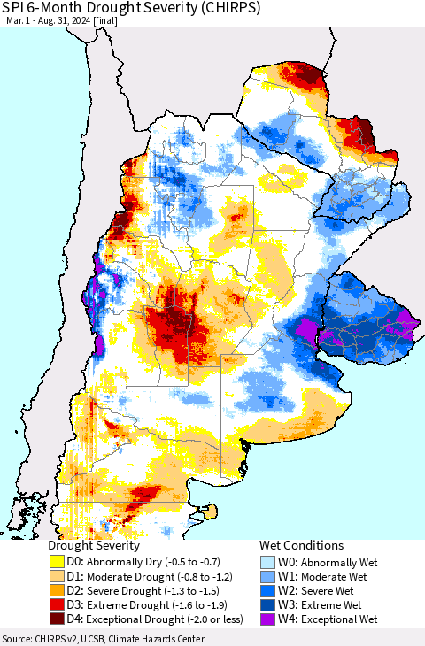 Southern South America SPI 6-Month Drought Severity (CHIRPS) Thematic Map For 3/1/2024 - 8/31/2024