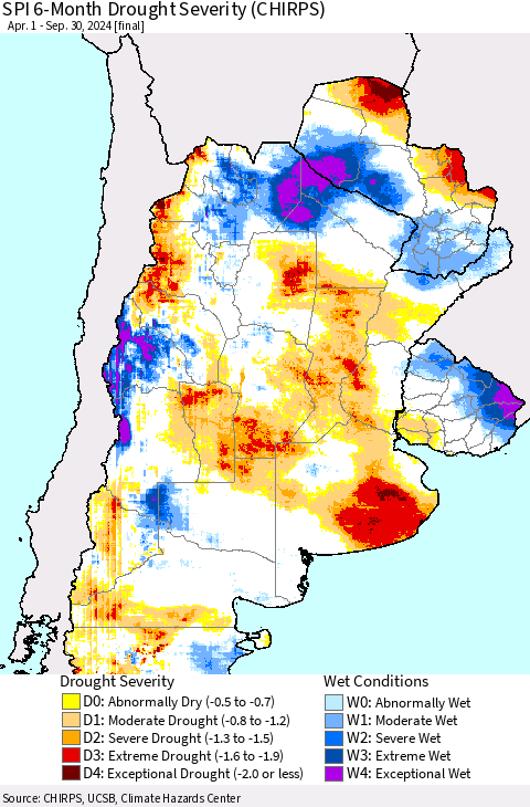 Southern South America SPI 6-Month Drought Severity (CHIRPS) Thematic Map For 4/1/2024 - 9/30/2024