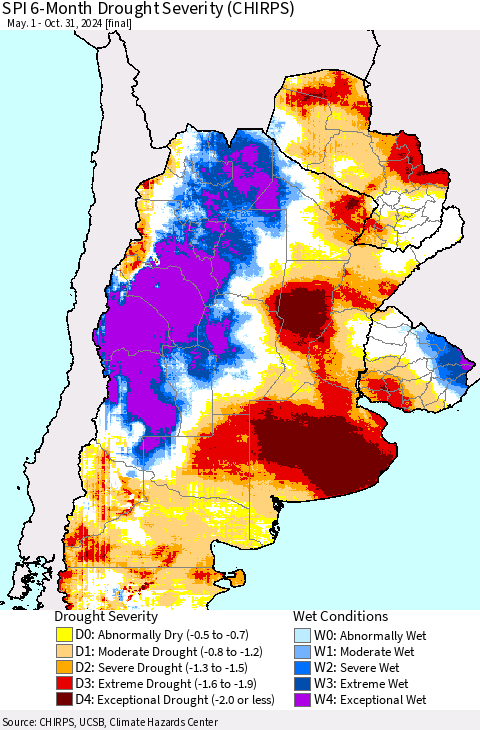 Southern South America SPI 6-Month Drought Severity (CHIRPS) Thematic Map For 5/1/2024 - 10/31/2024