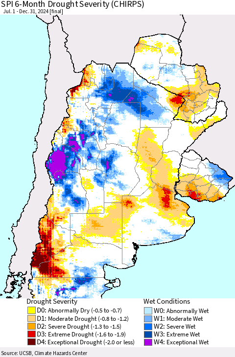 Southern South America SPI 6-Month Drought Severity (CHIRPS) Thematic Map For 7/1/2024 - 12/31/2024