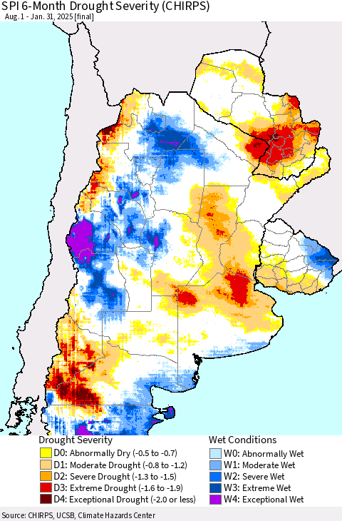 Southern South America SPI 6-Month Drought Severity (CHIRPS) Thematic Map For 8/1/2024 - 1/31/2025