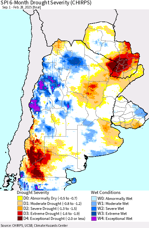Southern South America SPI 6-Month Drought Severity (CHIRPS) Thematic Map For 9/1/2024 - 2/28/2025