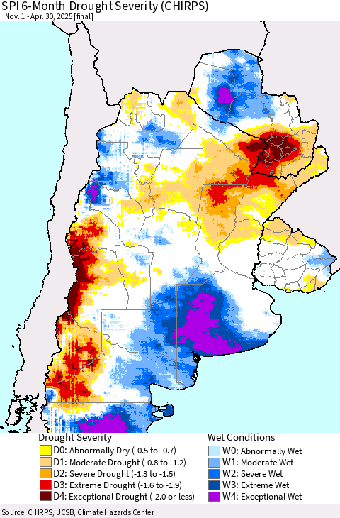 Southern South America SPI 6-Month Drought Severity (CHIRPS) Thematic Map For 11/1/2024 - 4/30/2025