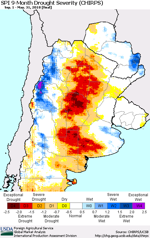 Southern South America SPI 9-Month Drought Severity (CHIRPS) Thematic Map For 9/1/2017 - 5/31/2018