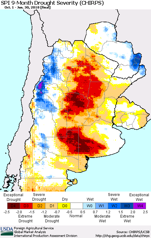 Southern South America SPI 9-Month Drought Severity (CHIRPS) Thematic Map For 10/1/2017 - 6/30/2018