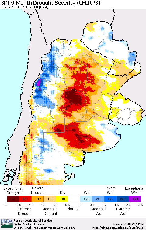 Southern South America SPI 9-Month Drought Severity (CHIRPS) Thematic Map For 11/1/2017 - 7/31/2018
