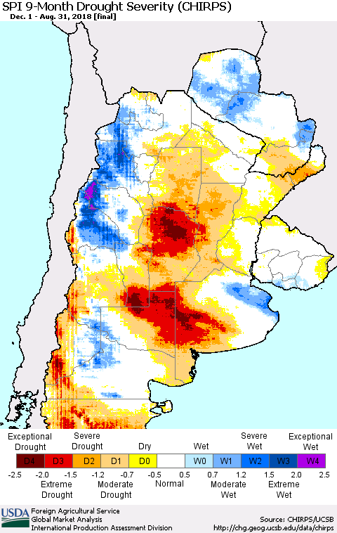 Southern South America SPI 9-Month Drought Severity (CHIRPS) Thematic Map For 12/1/2017 - 8/31/2018