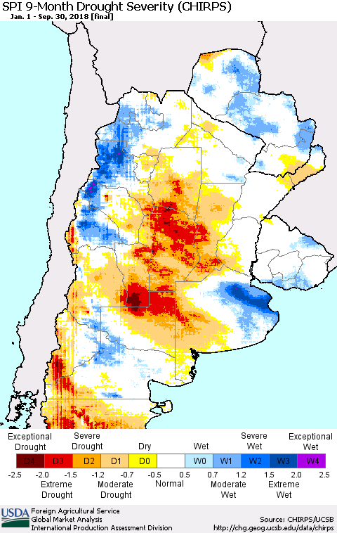 Southern South America SPI 9-Month Drought Severity (CHIRPS) Thematic Map For 1/1/2018 - 9/30/2018