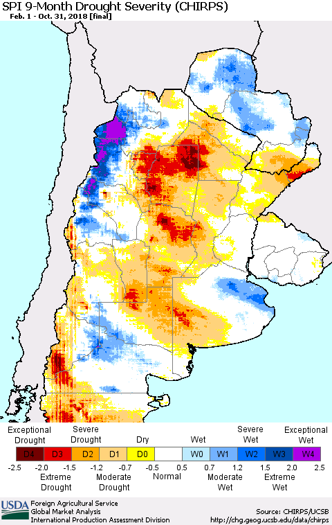 Southern South America SPI 9-Month Drought Severity (CHIRPS) Thematic Map For 2/1/2018 - 10/31/2018