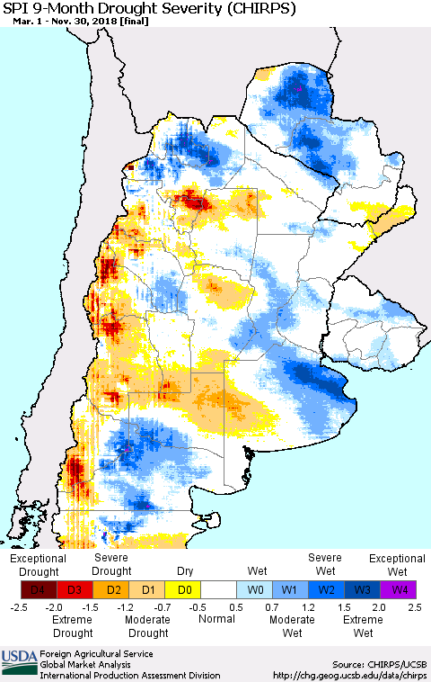 Southern South America SPI 9-Month Drought Severity (CHIRPS) Thematic Map For 3/1/2018 - 11/30/2018