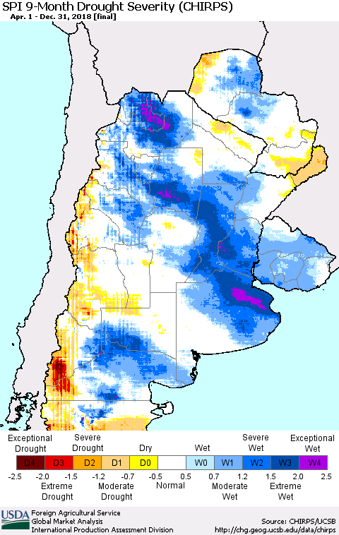 Southern South America SPI 9-Month Drought Severity (CHIRPS) Thematic Map For 4/1/2018 - 12/31/2018