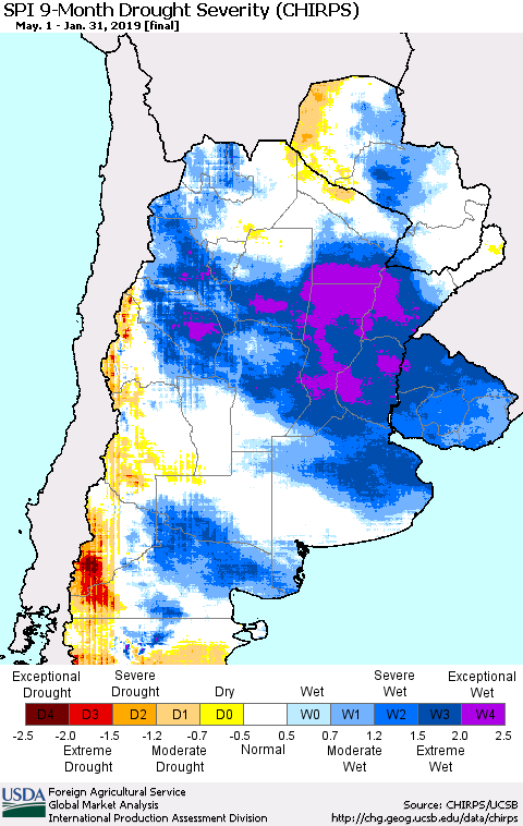 Southern South America SPI 9-Month Drought Severity (CHIRPS) Thematic Map For 5/1/2018 - 1/31/2019