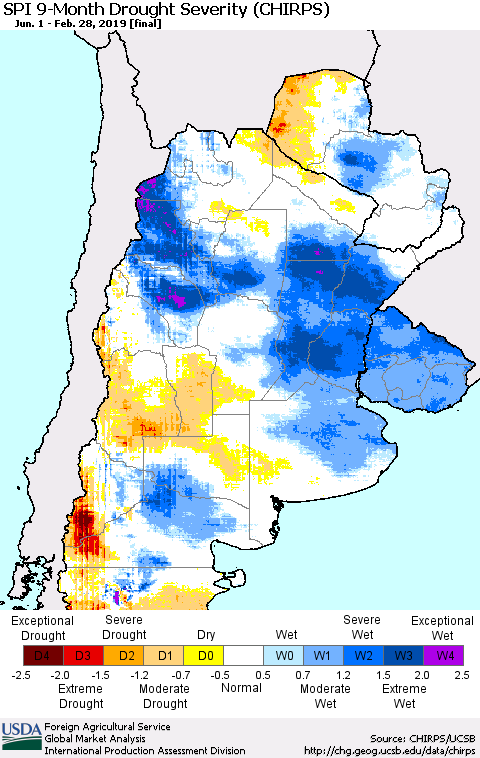 Southern South America SPI 9-Month Drought Severity (CHIRPS) Thematic Map For 6/1/2018 - 2/28/2019