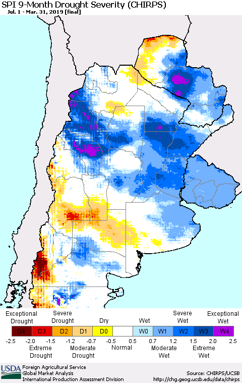 Southern South America SPI 9-Month Drought Severity (CHIRPS) Thematic Map For 7/1/2018 - 3/31/2019
