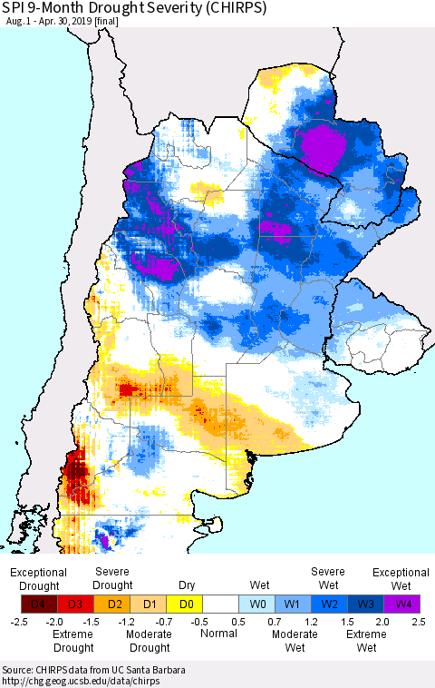 Southern South America SPI 9-Month Drought Severity (CHIRPS) Thematic Map For 8/1/2018 - 4/30/2019