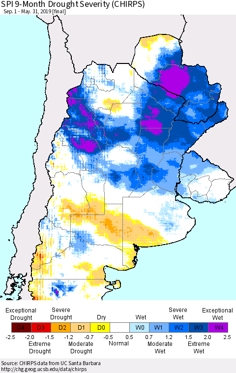 Southern South America SPI 9-Month Drought Severity (CHIRPS) Thematic Map For 9/1/2018 - 5/31/2019