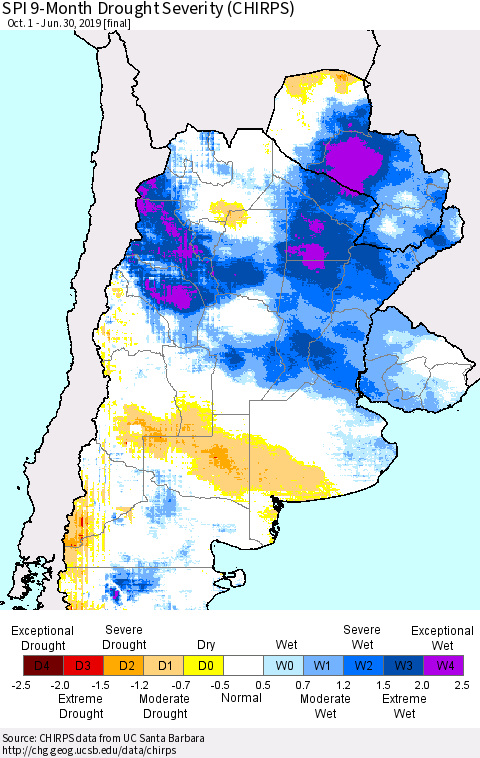 Southern South America SPI 9-Month Drought Severity (CHIRPS) Thematic Map For 10/1/2018 - 6/30/2019