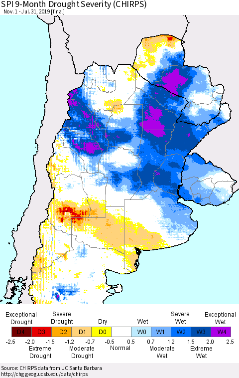 Southern South America SPI 9-Month Drought Severity (CHIRPS) Thematic Map For 11/1/2018 - 7/31/2019