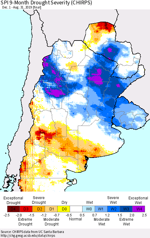 Southern South America SPI 9-Month Drought Severity (CHIRPS) Thematic Map For 12/1/2018 - 8/31/2019