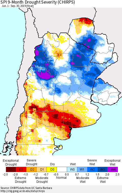 Southern South America SPI 9-Month Drought Severity (CHIRPS) Thematic Map For 1/1/2019 - 9/30/2019