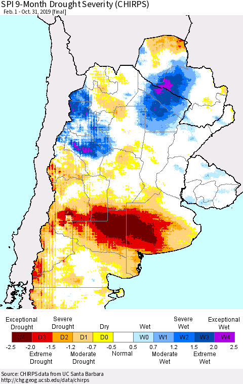 Southern South America SPI 9-Month Drought Severity (CHIRPS) Thematic Map For 2/1/2019 - 10/31/2019