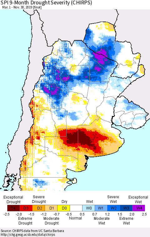 Southern South America SPI 9-Month Drought Severity (CHIRPS) Thematic Map For 3/1/2019 - 11/30/2019